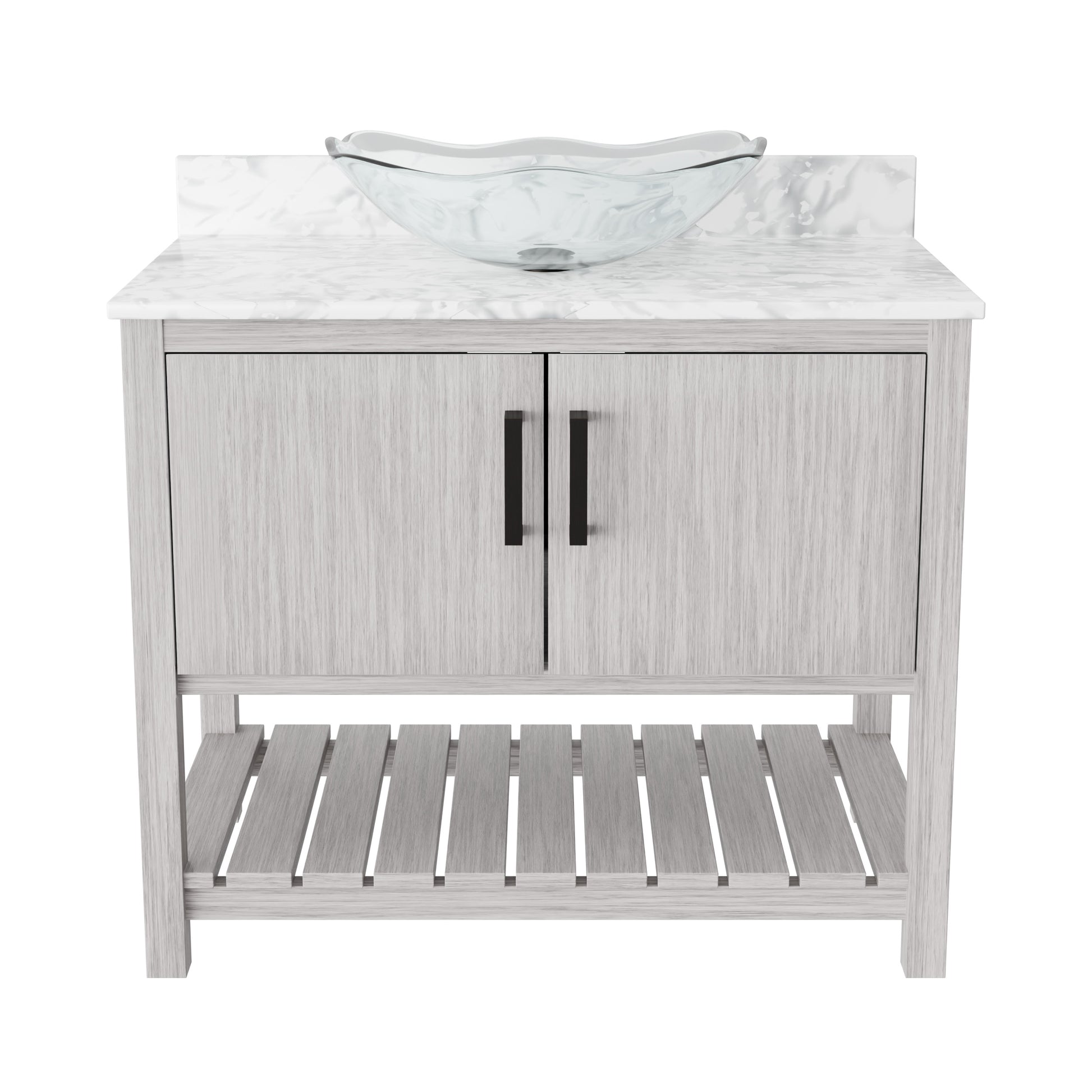 Novatto 36-inch bath vanity with Carrara white marble counter and sink, showcasing elegant bathroom accessory design.
