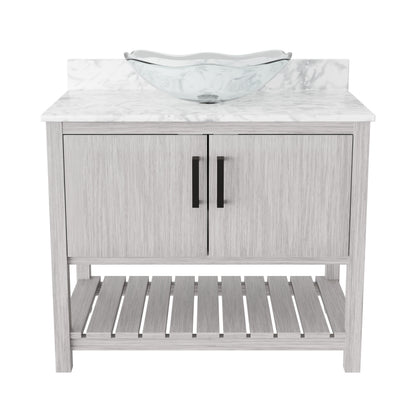 Novatto 36-inch bath vanity with Carrara white marble counter and sink, showcasing elegant bathroom accessory design.