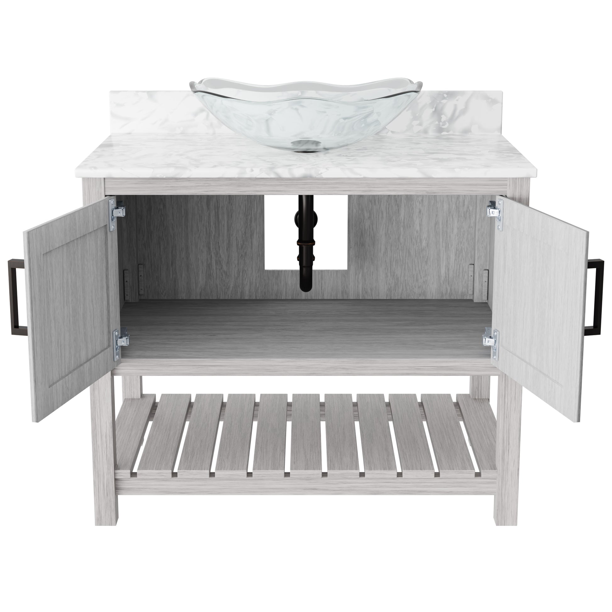 36-inch Novatto bath vanity with Carrara white marble countertop and sink, showcasing a sleek bathroom accessory design.