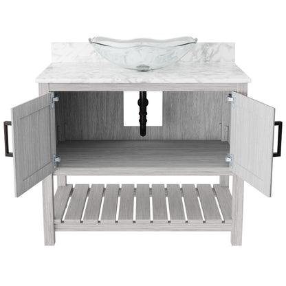 36-inch Novatto bath vanity with Carrara white marble countertop and sink, showcasing a sleek bathroom accessory design.