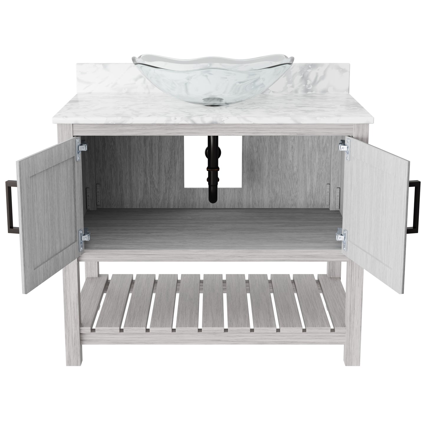 36-inch Novatto bath vanity with Carrara white marble counter and integrated sink, showcasing elegant bathroom accessory design.