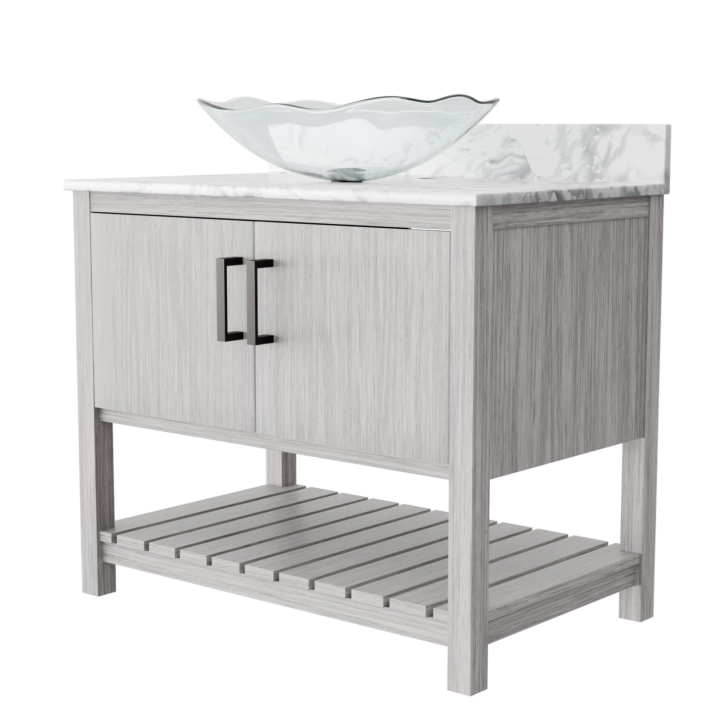 Novatto 36-inch bath vanity with Carrara white marble counter and sink, showcasing sleek bathroom accessory design.
