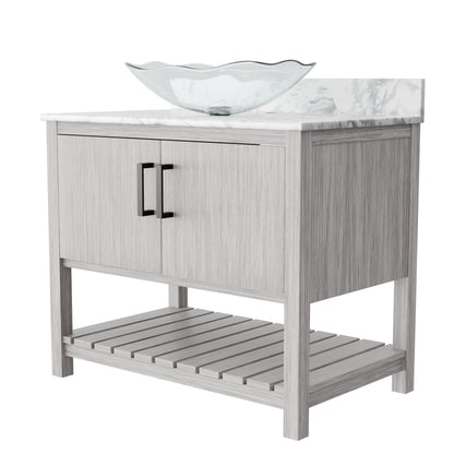 Novatto 36-inch bathroom vanity with Carrara white marble countertop and sink, modern accessory for stylish bathroom decor.