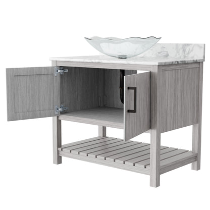Novatto 36-inch bath vanity with Carrara white marble counter and sink, featuring a modern bathroom accessory design.