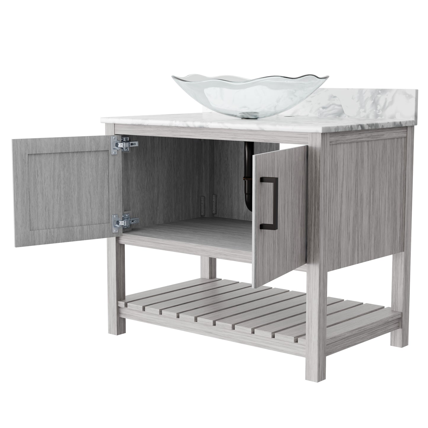 36-inch Novatto bath vanity with Carrara white marble counter and integrated sink, showcasing elegant bathroom accessory design.