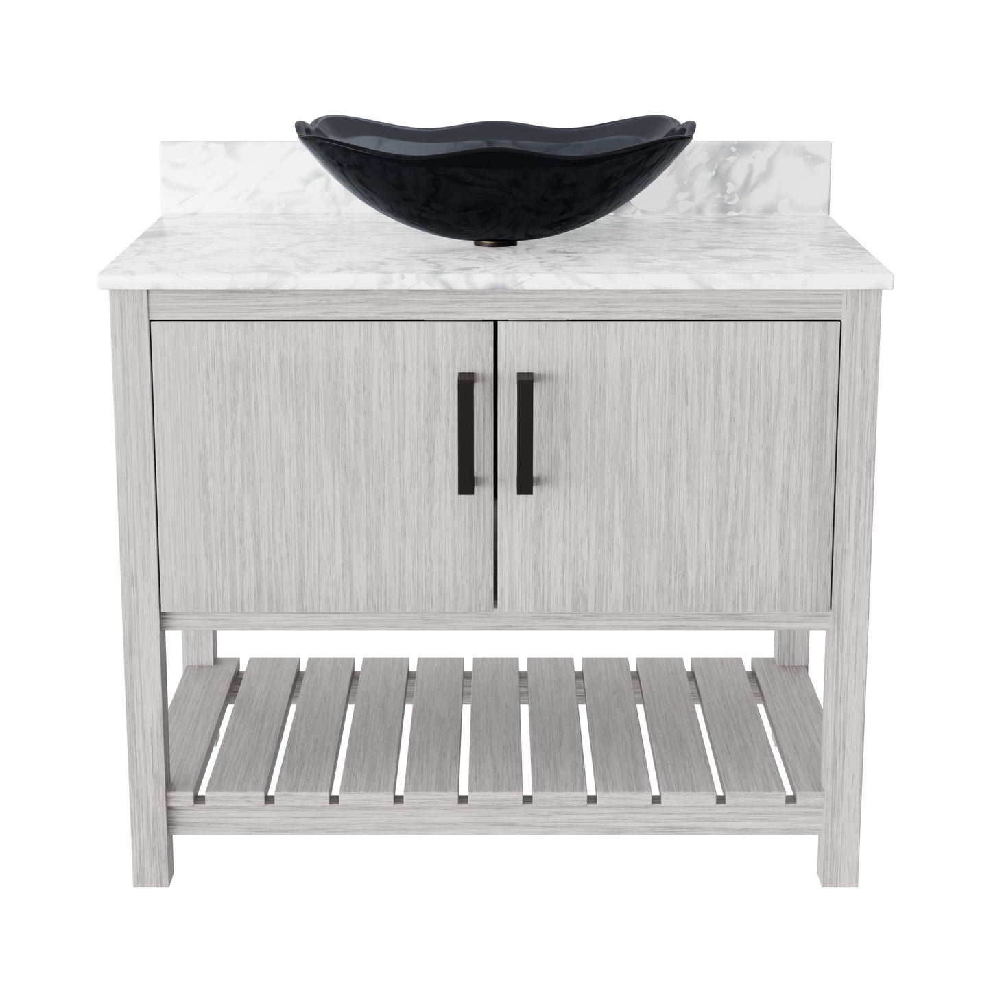 36-inch Novatto bath vanity with Carrara white marble countertop and integrated sink, showcasing sleek bathroom accessory design.