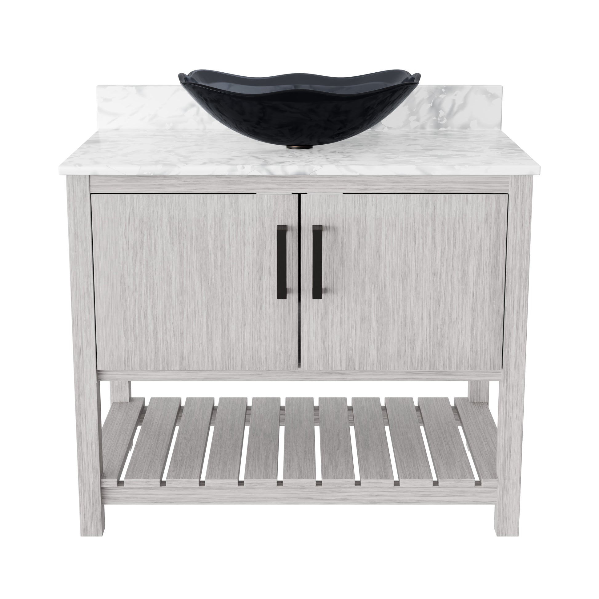 36-inch Novatto bath vanity with Carrara white marble countertop and integrated sink, showcasing sleek bathroom accessory design.