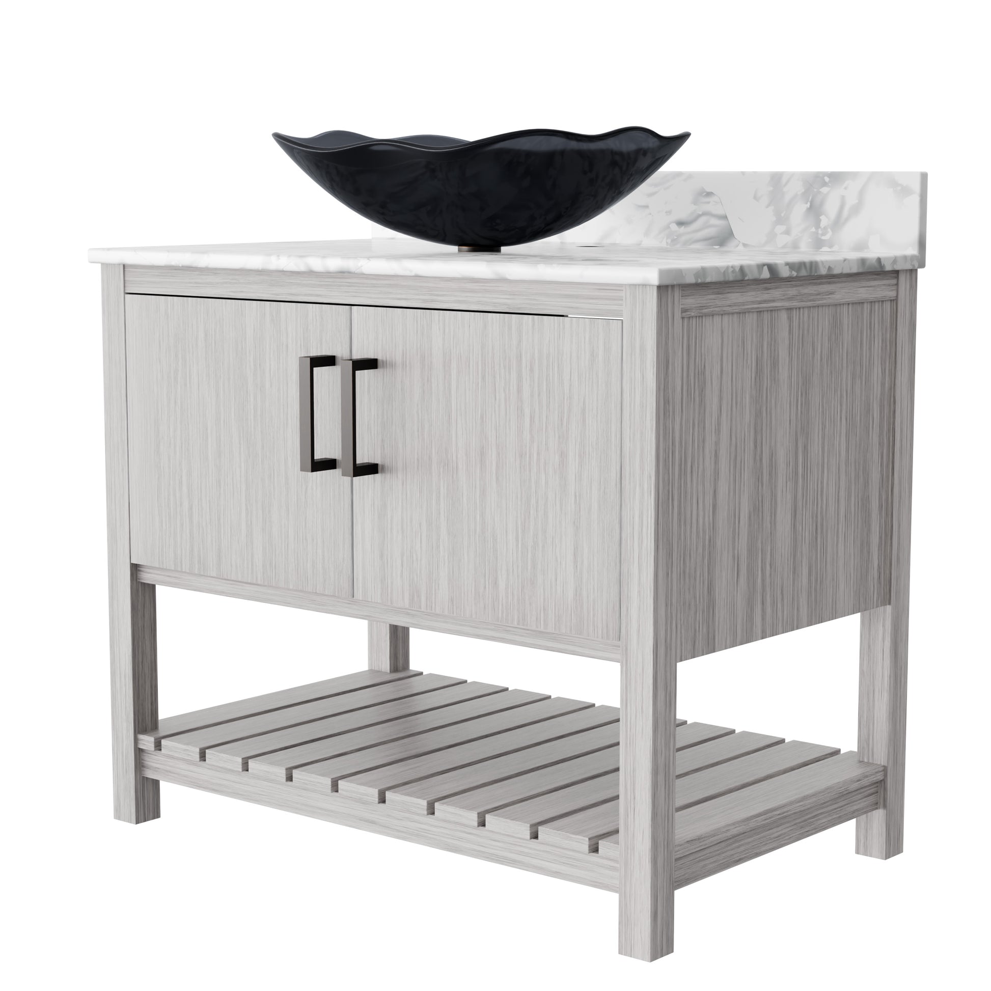 36-inch Novatto bath vanity with Carrara white marble countertop and sink, showcasing sleek bathroom accessory design.