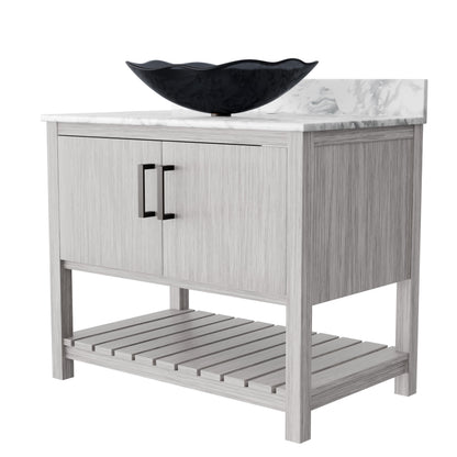 36-inch Novatto bath vanity with Carrara white marble countertop and sink, showcasing sleek bathroom accessory design.