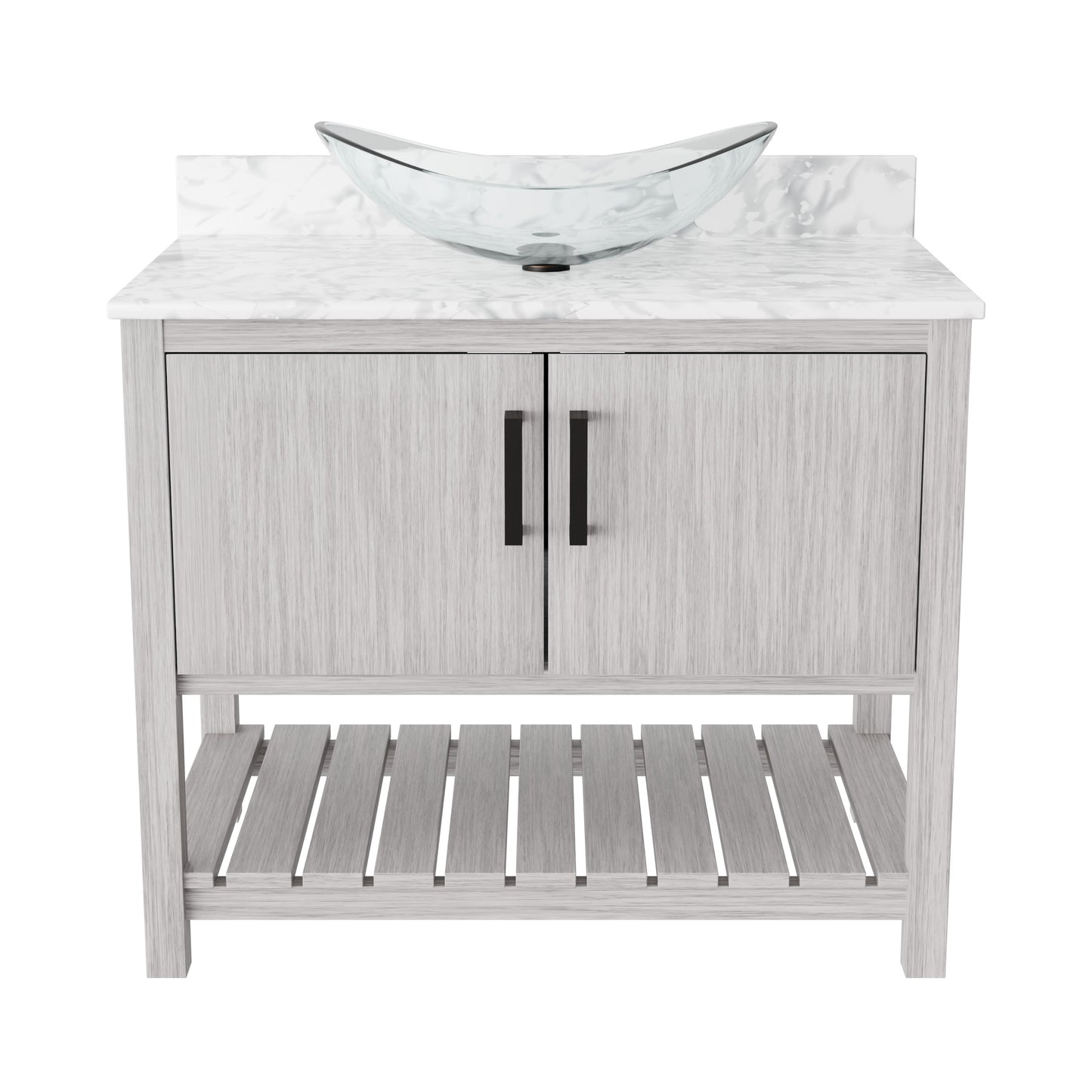 36-inch Novatto bath vanity with Carrara white marble countertop and sink, showcasing elegant bathroom accessory design