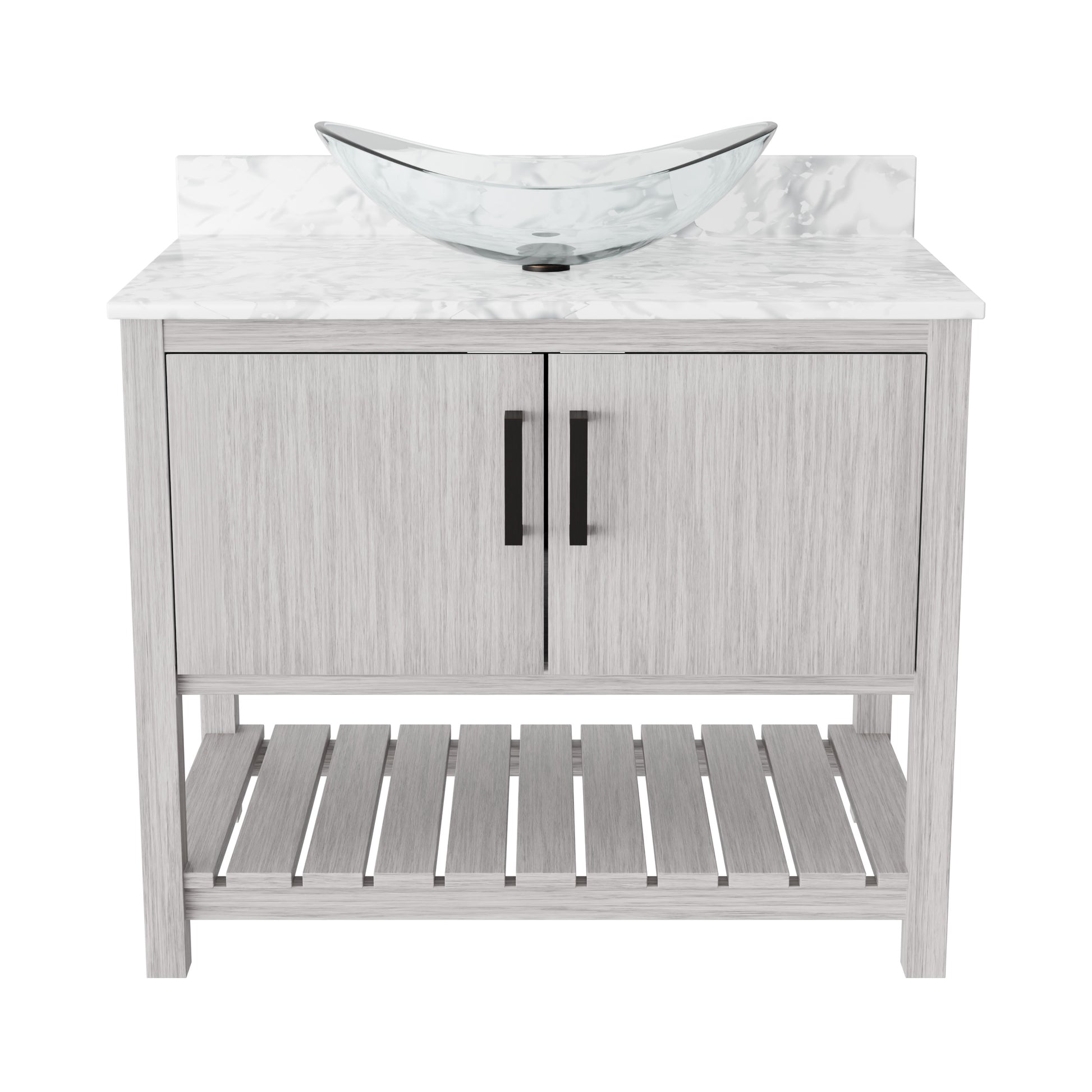 36-inch Novatto bath vanity with Carrara white marble countertop and sink, showcasing elegant bathroom accessory design