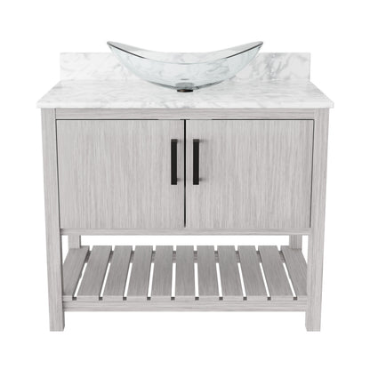 36-inch Novatto bath vanity with Carrara white marble countertop and sink, showcasing elegant bathroom accessory design