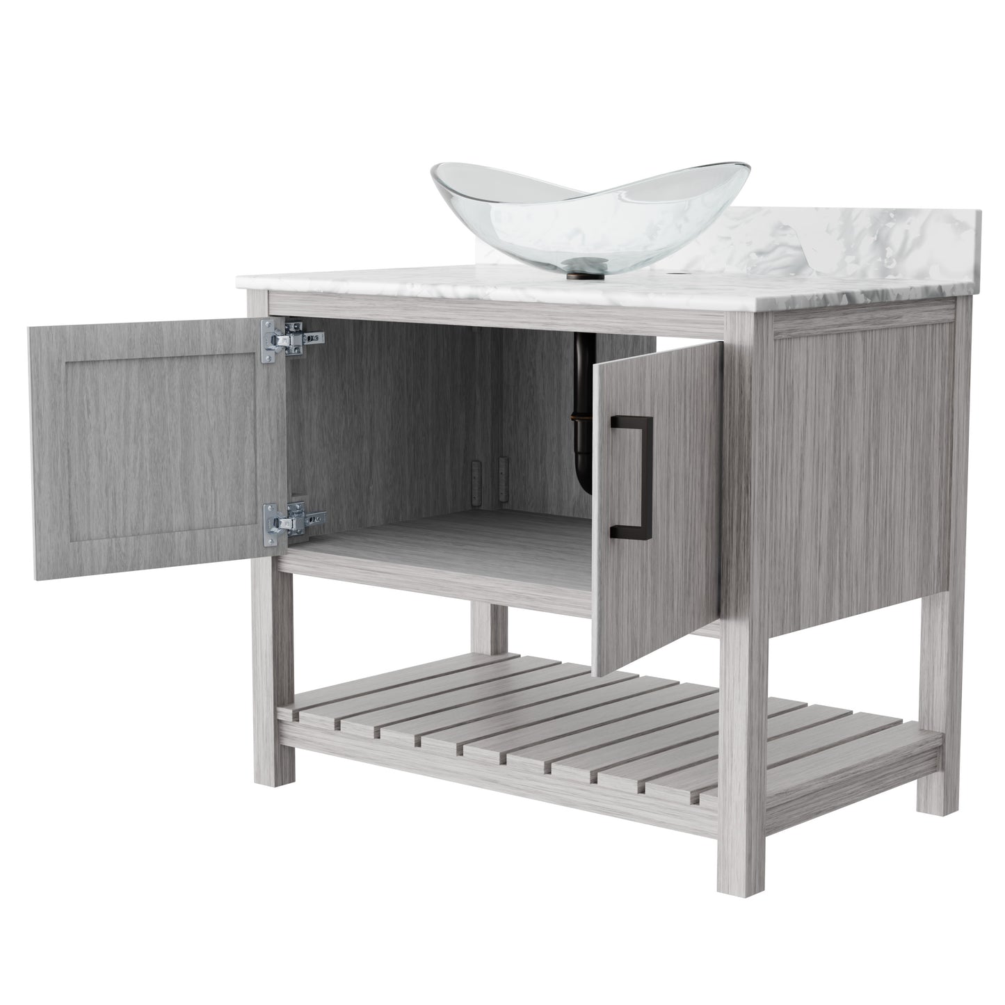 Novatto 36-inch bath vanity with Carrara white marble countertop and integrated sink, showcasing sleek bathroom accessory design.