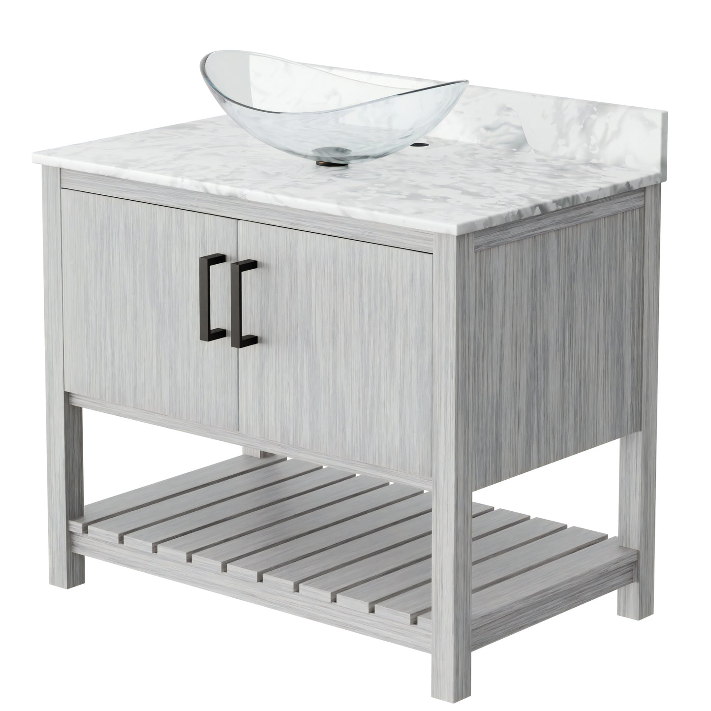 36-inch Novatto bath vanity with Carrara white marble counter and sink, showcasing sleek bathroom accessory design.