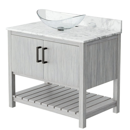 36-inch Novatto bath vanity with Carrara white marble counter and sink, showcasing sleek bathroom accessory design.