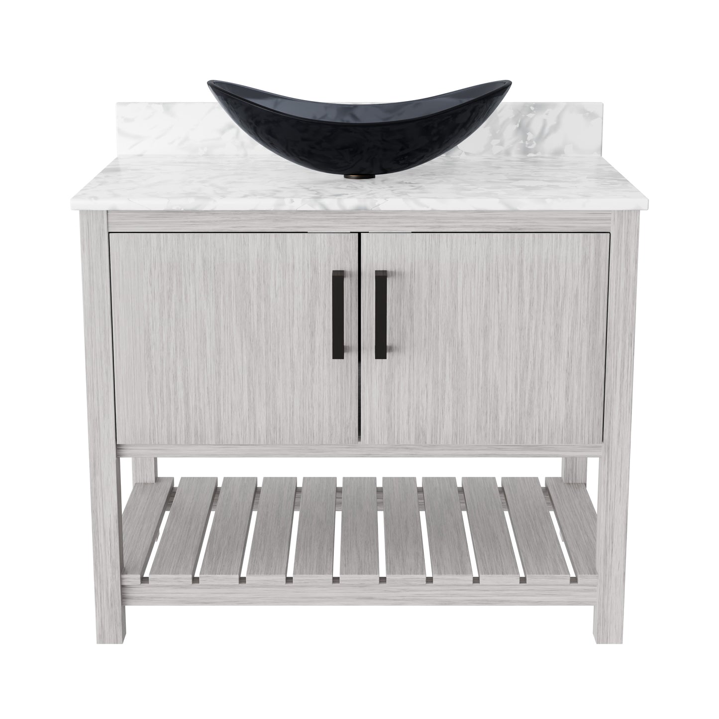 Novatto 36-inch bath vanity with Carrara white marble counter and sink, featuring modern accessory design.
