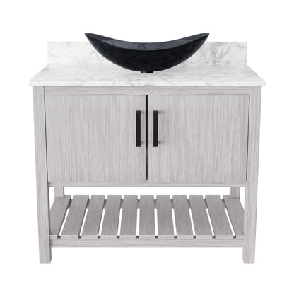 Novatto 36-inch bath vanity with Carrara white marble counter and sink, featuring modern accessory design.