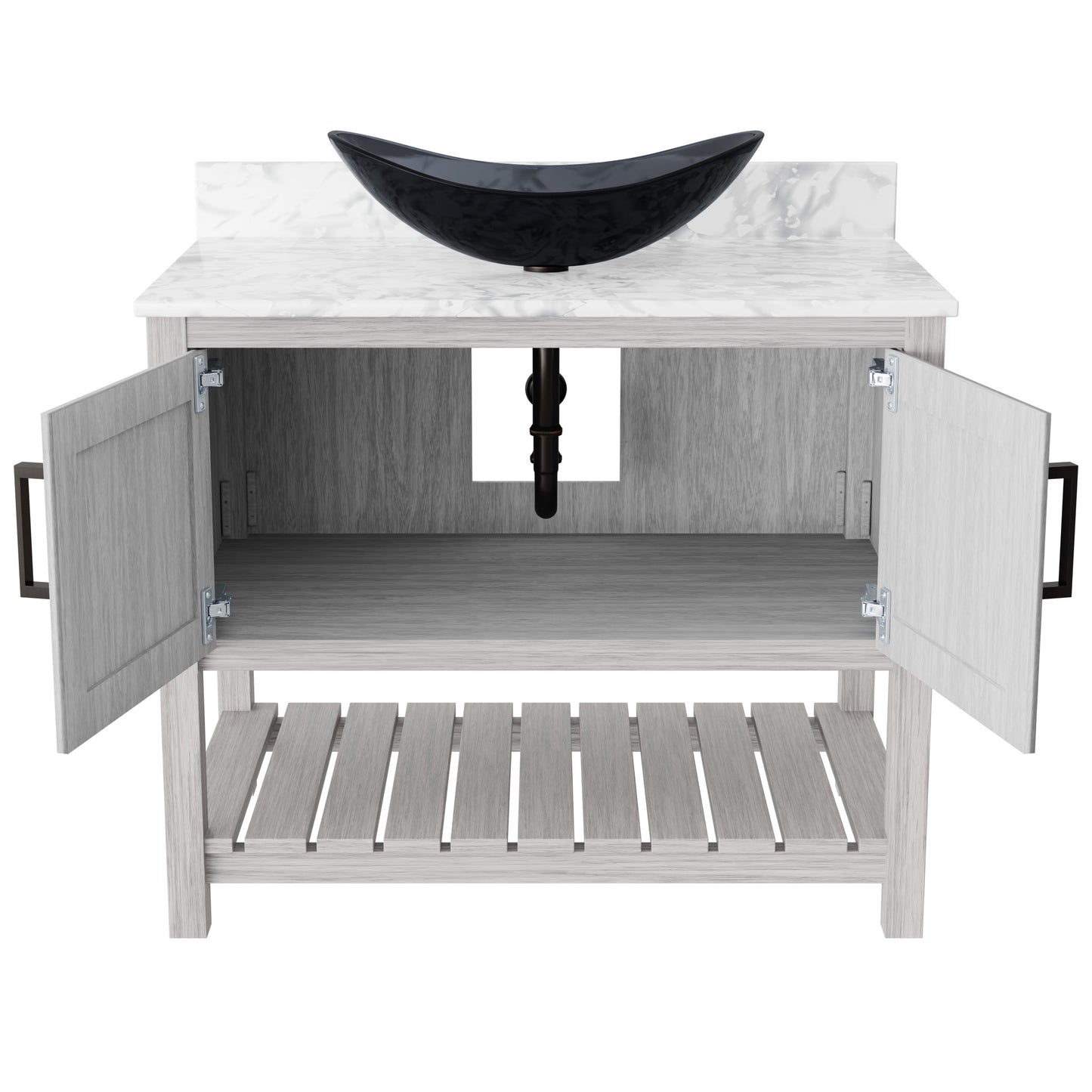 36-inch Novatto bath vanity with Carrara white marble countertop and integrated sink, shown in a modern bathroom setting
