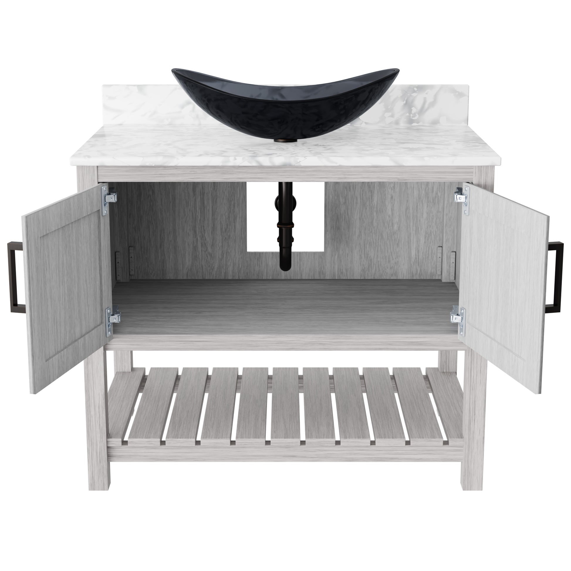 36-inch Novatto bath vanity with Carrara white marble countertop and integrated sink, shown in a modern bathroom setting
