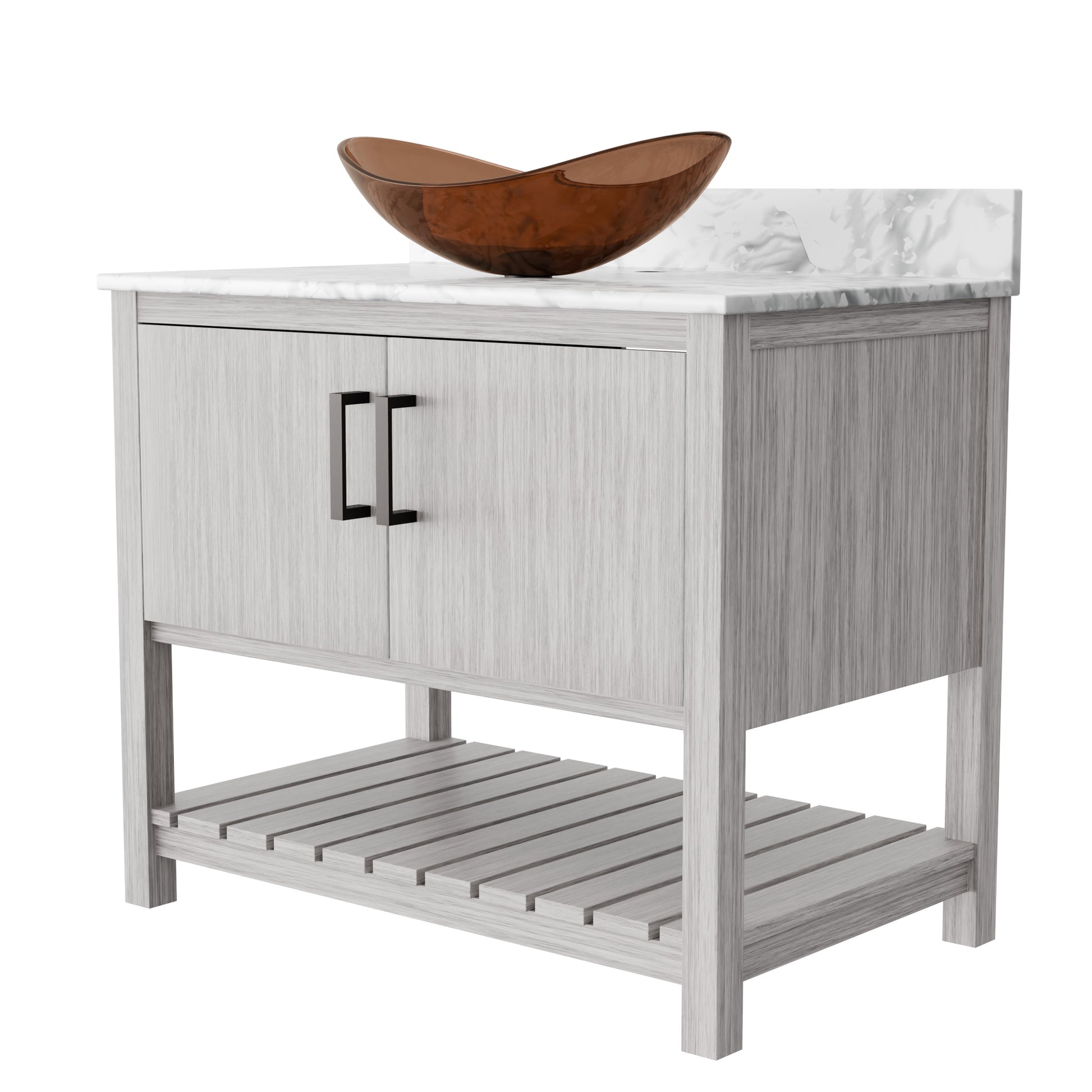 36-inch Novatto bathroom vanity with Carrara white marble countertop and sink, showcasing elegant design and craftsmanship.
