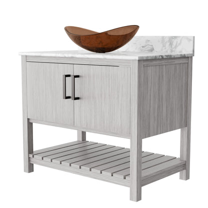 36-inch Novatto bathroom vanity with Carrara white marble countertop and sink, showcasing elegant design and craftsmanship.