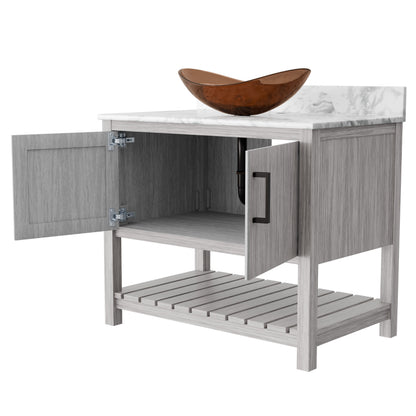 Novatto 36-inch bath vanity with Carrara white marble countertop and integrated sink, modern bathroom accessory with sleek design.