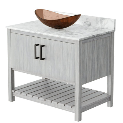 36-inch Novatto bath vanity with Carrara white marble counter and sink, featuring modern faucet and wooden cabinet.