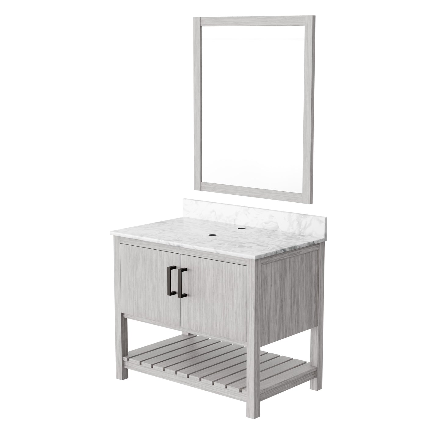 36-inch Novatto vanity with Cafe Mocha quartz countertop, showcasing sleek bathroom accessory design and polished finish.