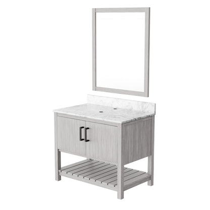 36-inch Novatto vanity with Cafe Mocha quartz countertop, showcasing sleek bathroom accessory design and polished finish.