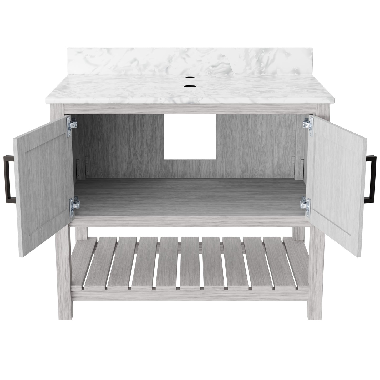 36-inch Novatto vanity with Carrara white marble countertop, showcasing a sleek bathroom accessory with modern design and elegant surface.