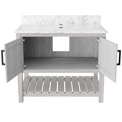 36-inch Novatto vanity with Carrara white marble countertop, showcasing a sleek bathroom accessory with modern design and elegant surface.