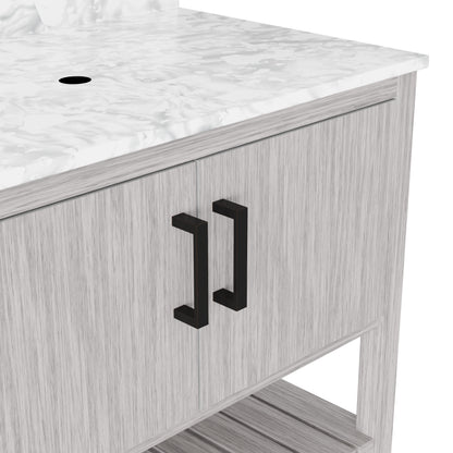 36-inch Novatto vanity with Carrara White marble countertop, featuring sleek, modern bathroom accessory design.