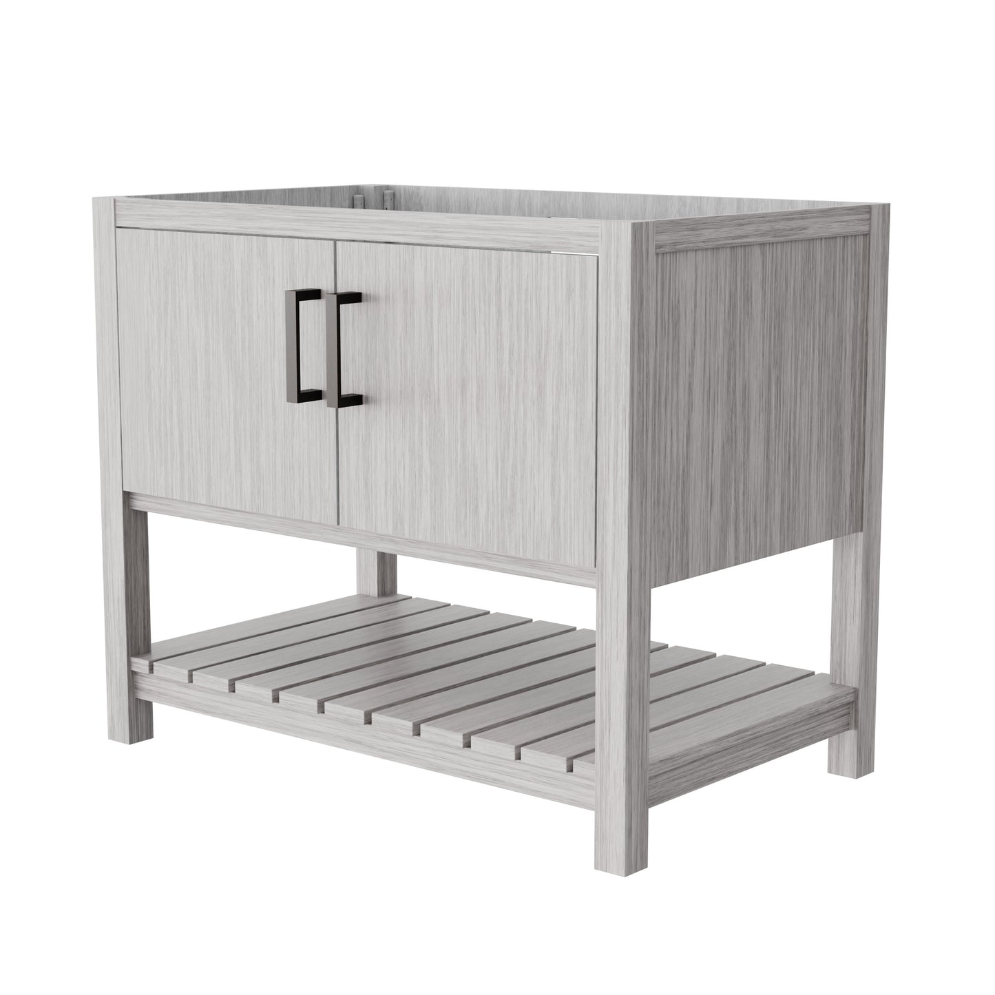 36-inch Storm Grey bath vanity by Novatto with sleek design and modern hardware, featuring a spacious surface for bathroom accessories.