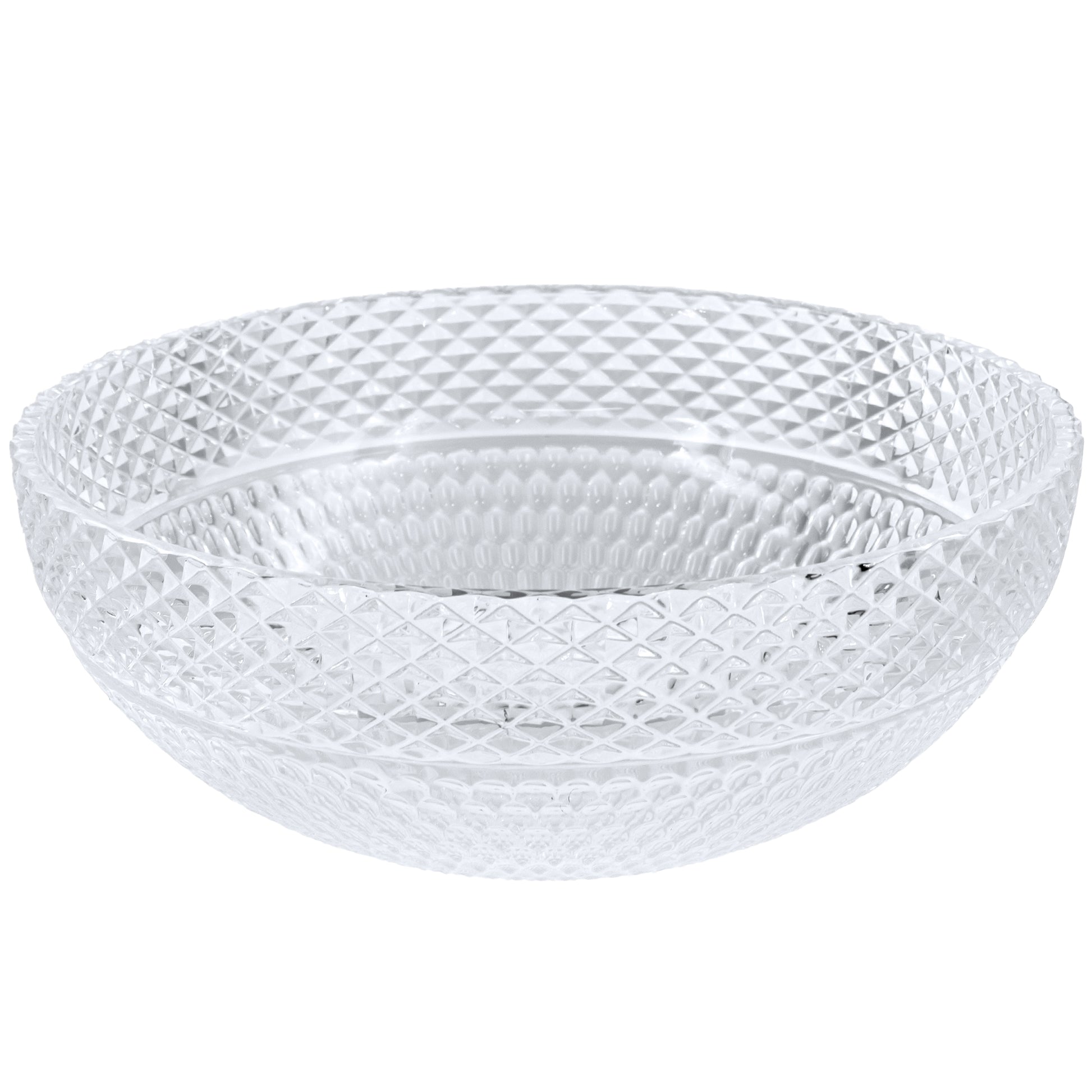 Modern Novatto Cristallo Diamond clear crystal glass vessel bathroom sink, round shape, side view showing smooth polished surface.