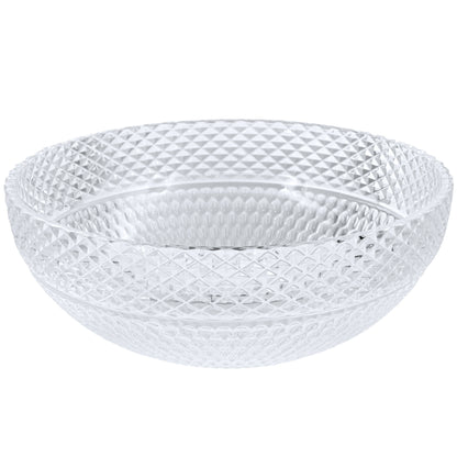 Modern Novatto Cristallo Diamond clear crystal glass vessel bathroom sink, round shape, side view showing smooth polished surface.