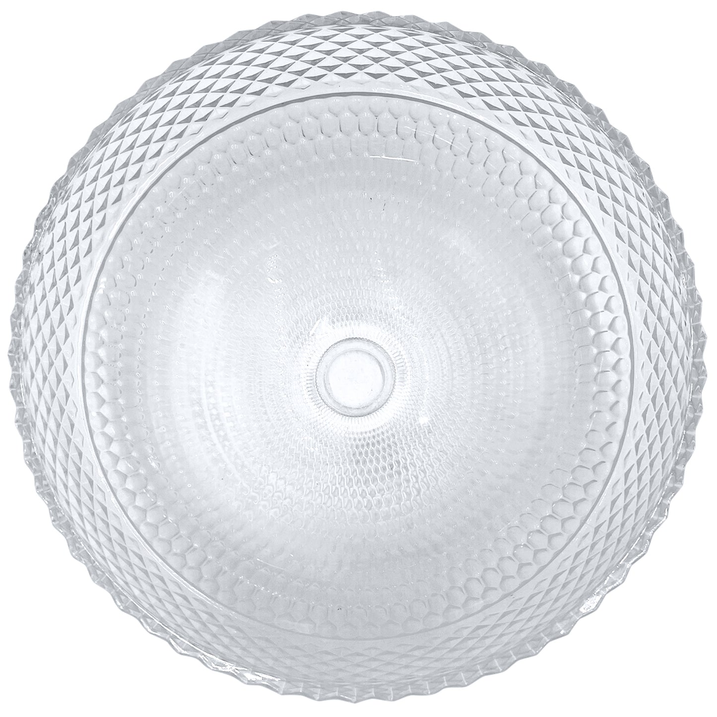 Modern round bathroom sink by Novatto with clear crystal glass vessel, top view showcasing sleek, elegant design.