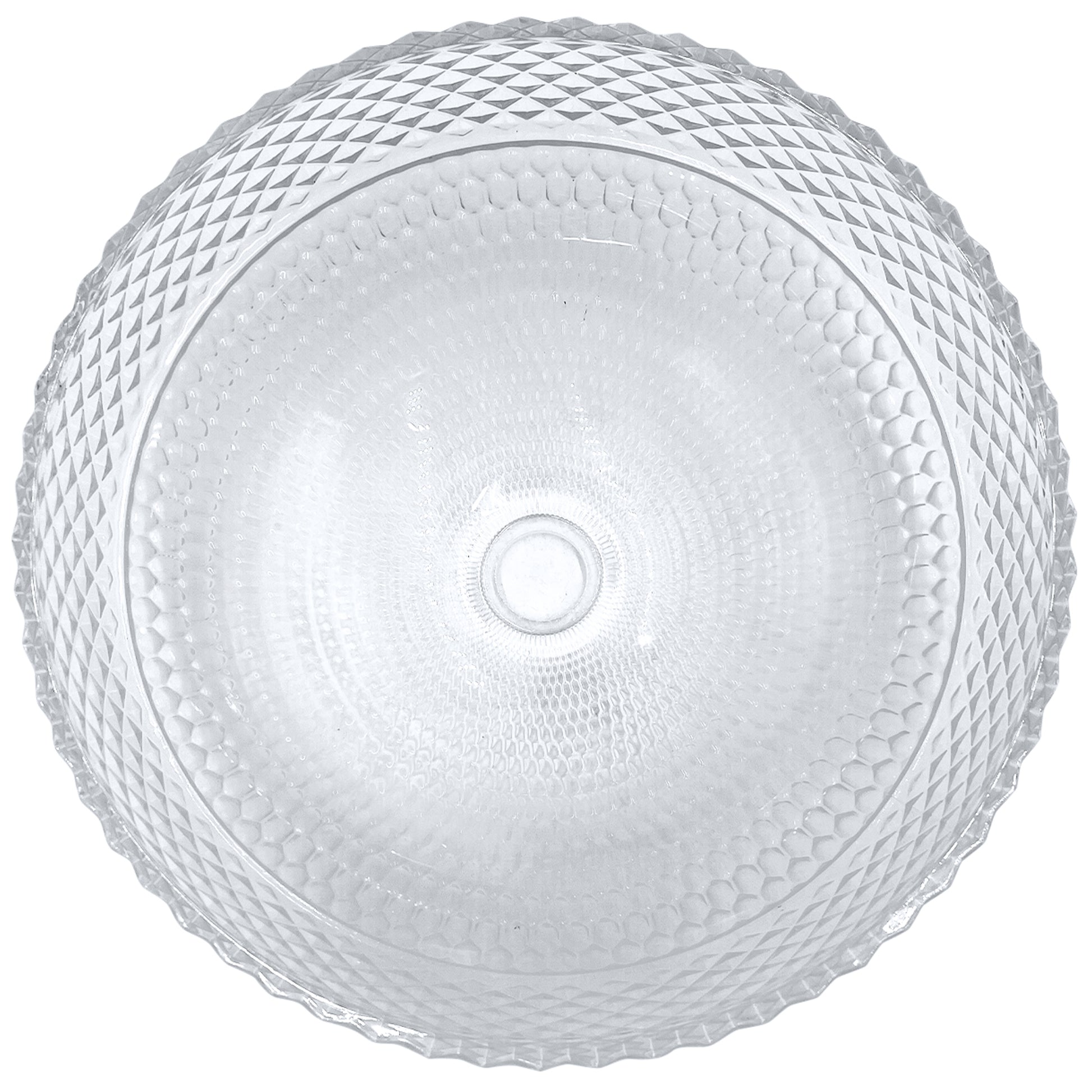 Modern round bathroom sink by Novatto with clear crystal glass vessel, top view showcasing sleek, elegant design.