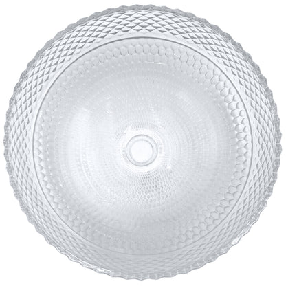 Modern round bathroom sink by Novatto with clear crystal glass vessel, top view showcasing sleek, elegant design.