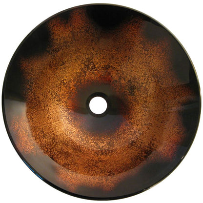 Round black and copper glass vessel bathroom sink by Novatto, transitional style, top view showcasing sleek design.