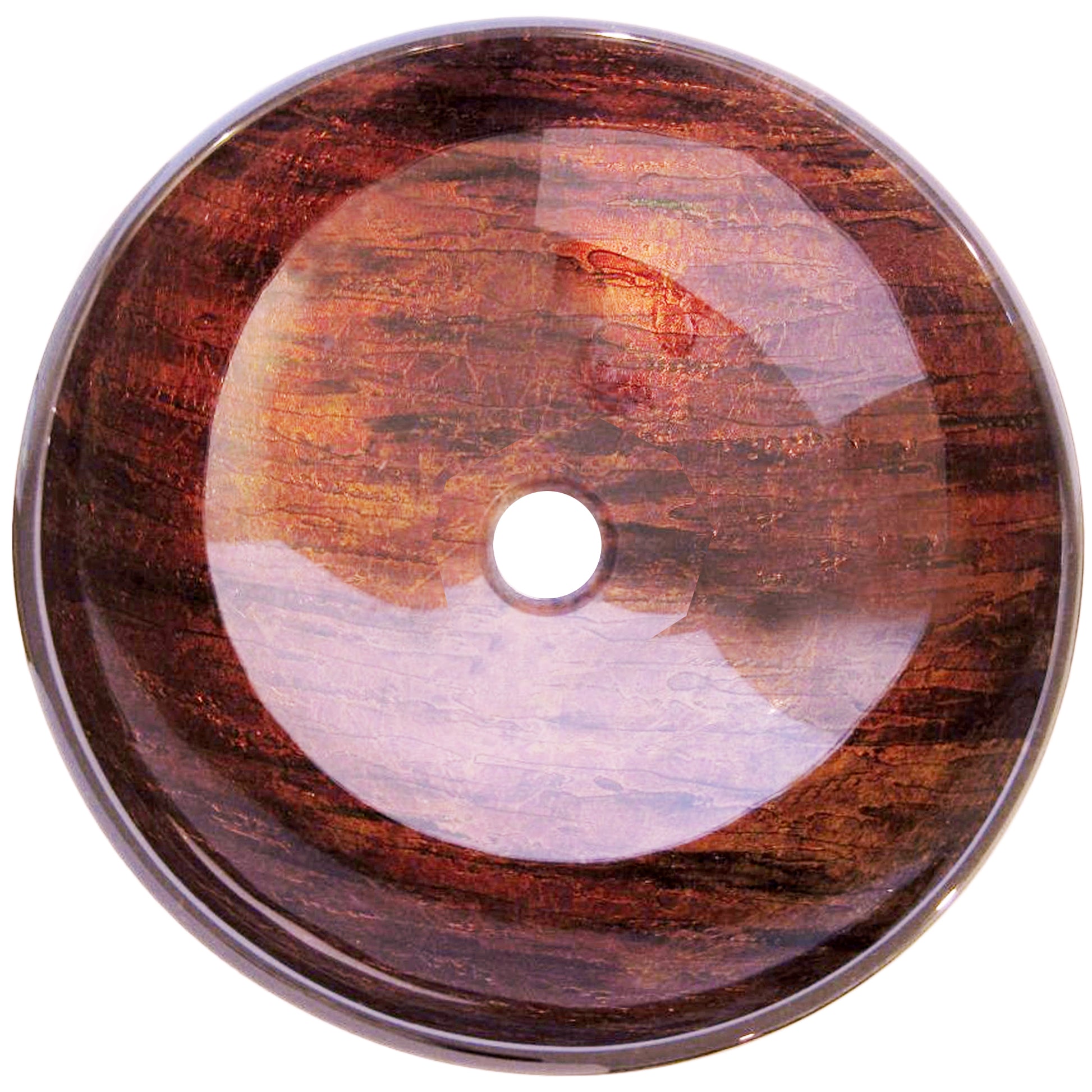 Modern brown camouflage glass vessel sink by Novatto, hand-painted, top view showing sleek design and artistic details.