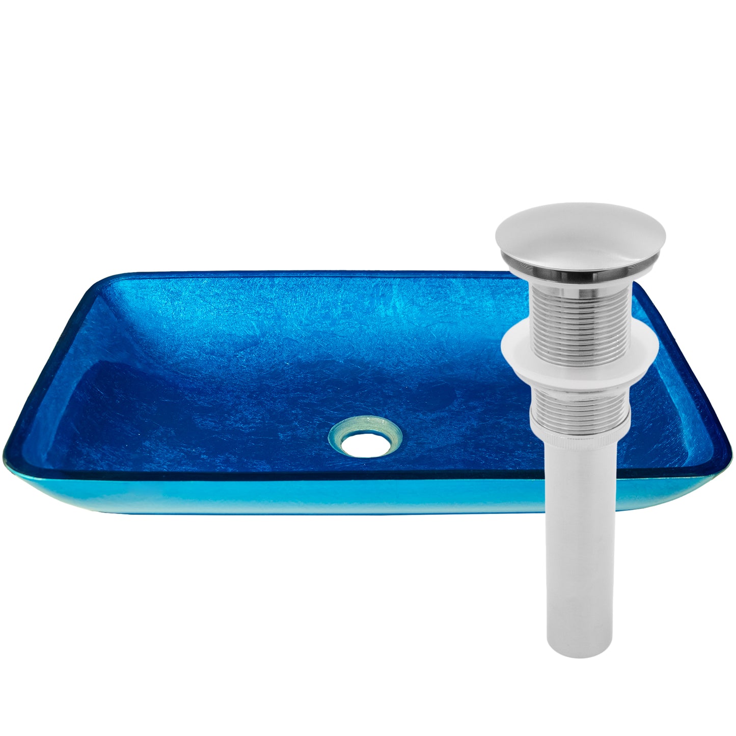 Blue hand-foiled rectangle glass vessel bathroom sink by Novatto, modern design with a sleek, polished appearance.