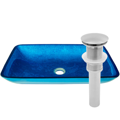 Blue hand-foiled rectangle glass vessel bathroom sink by Novatto, modern design with a sleek, polished appearance.