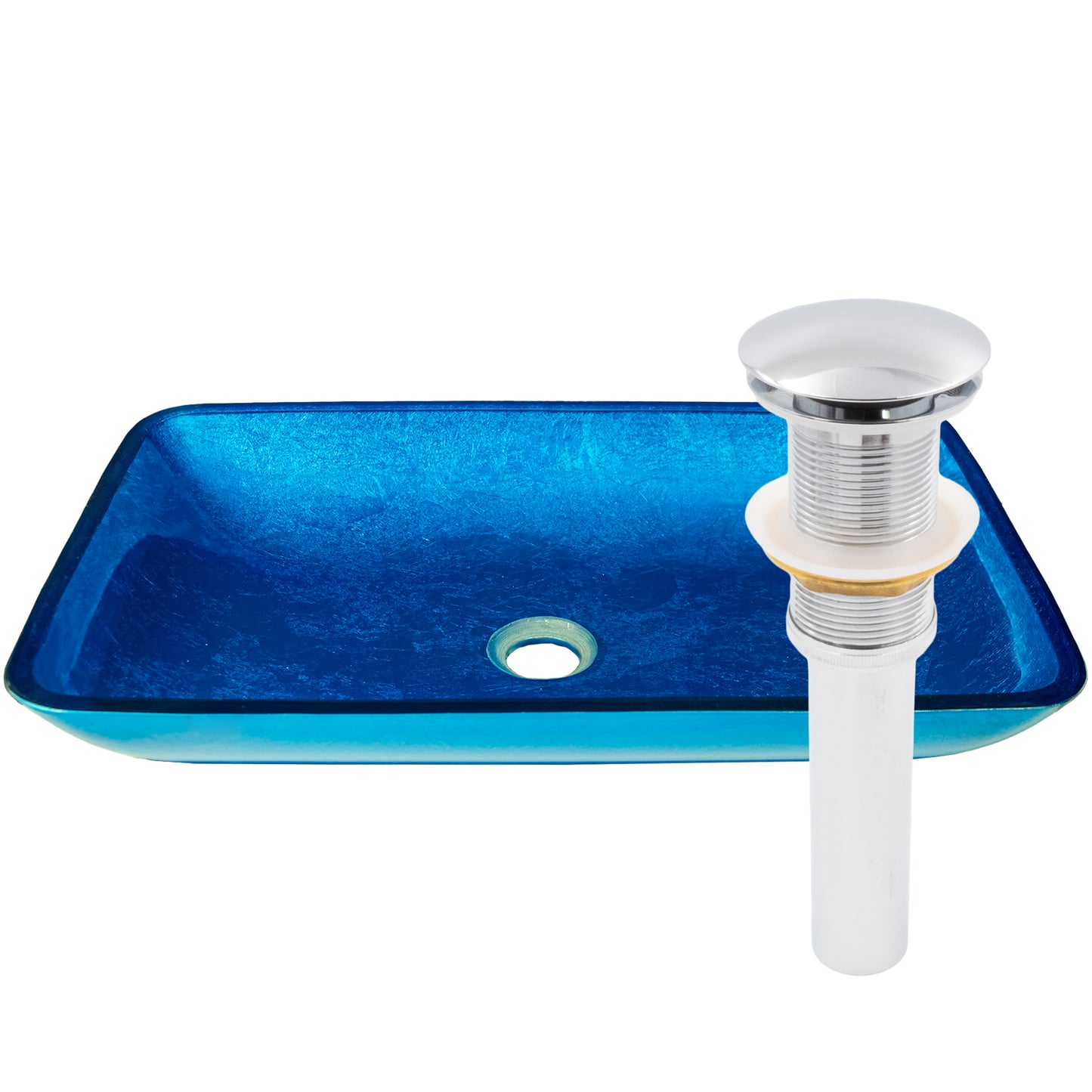 Blue hand-foiled rectangle glass vessel bathroom sink by Novatto, modern design with smooth glass surface and elegant shape.