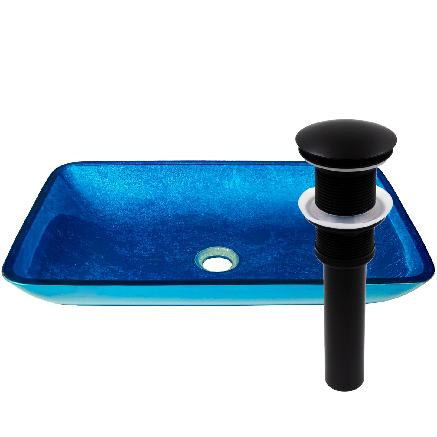 Blue hand-foiled rectangle glass vessel bathroom sink by Novatto, modern design with sleek, clear glass surface.