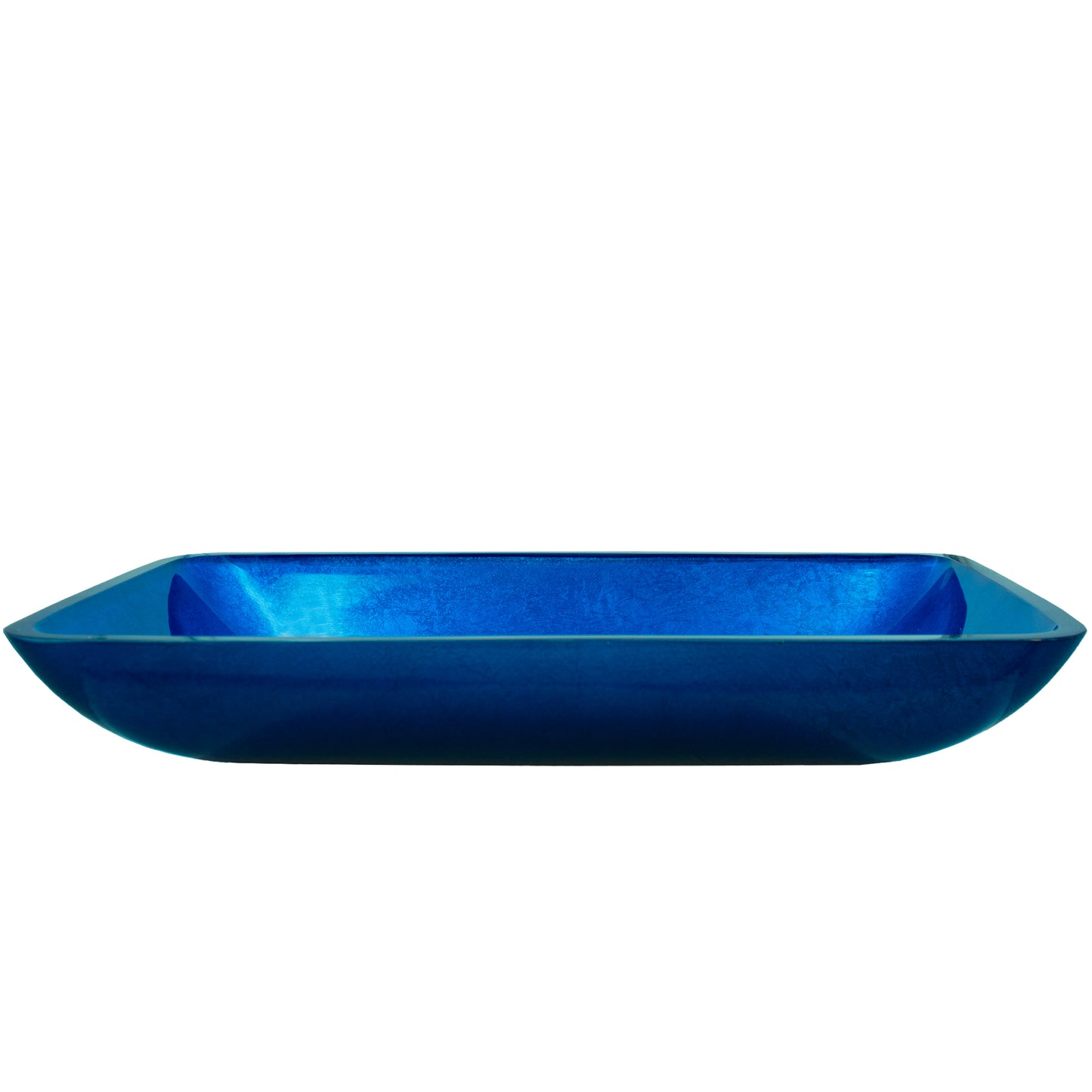 Blue hand-foiled rectangle glass vessel bath sink by Novatto, modern bathroom sink with front view.