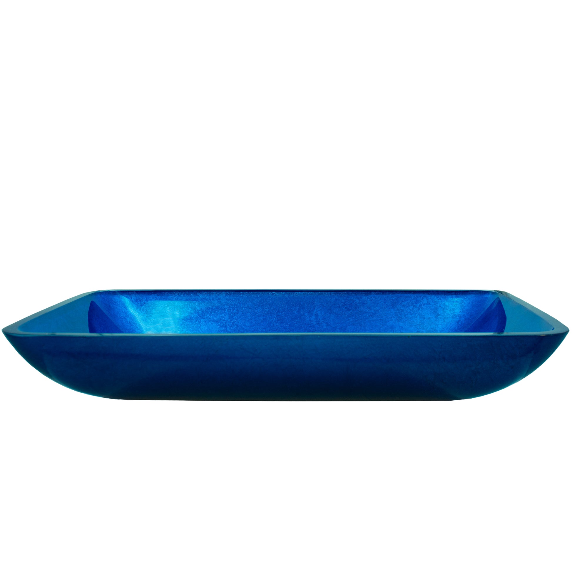 Blue hand-foiled rectangle glass vessel bath sink by Novatto, modern bathroom sink with front view.
