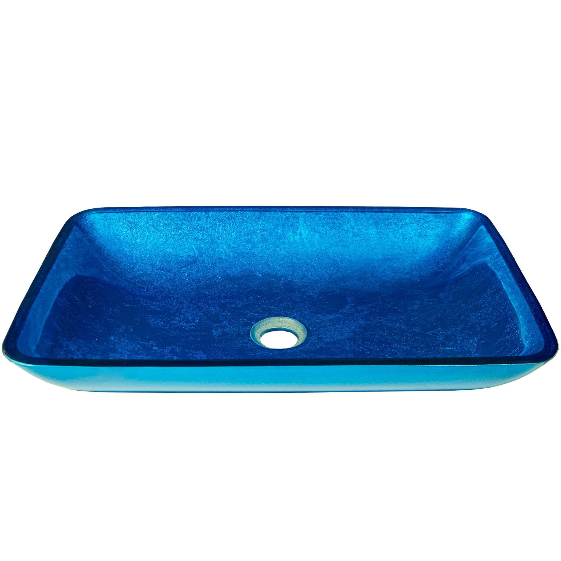Blue hand-foiled rectangle glass vessel bath sink by Novatto, modern bathroom sink with side view showing smooth glass surface.