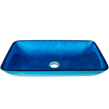Blue hand-foiled rectangle glass vessel bath sink by Novatto, modern bathroom sink with side view showing smooth glass surface.