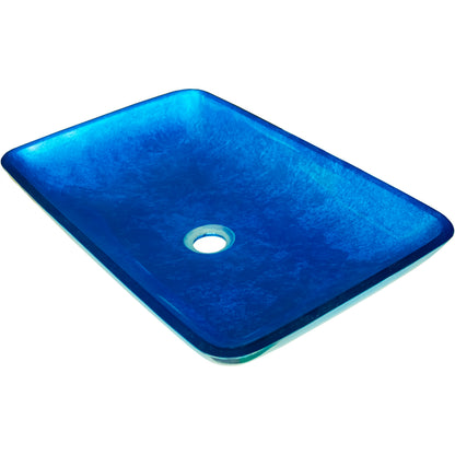 Blue hand-foiled rectangle glass vessel bathroom sink by Novatto, modern design, three-quarter view showing smooth edges and glossy finish.
