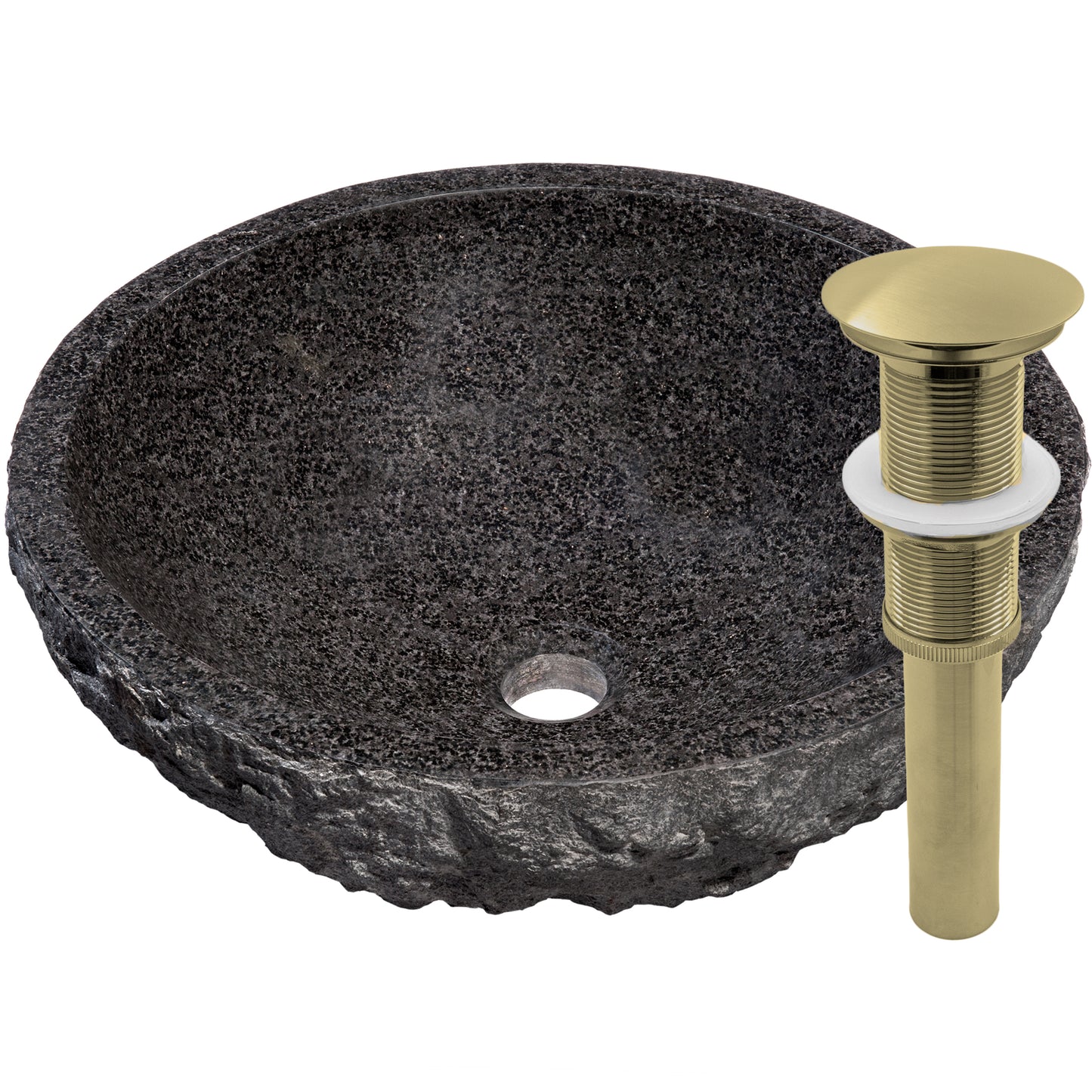 Natural black granite vessel bathroom sink by Novatto, transitional style with smooth, polished surface and round shape.